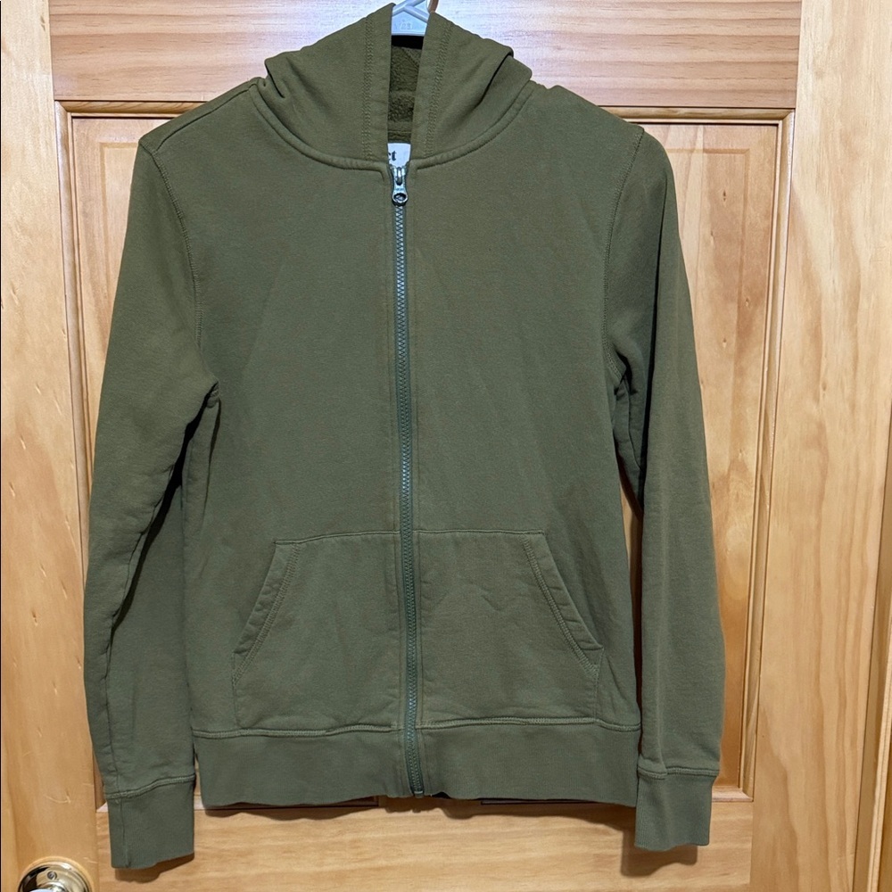 Pact Olive Green Zip-Up 100% Organic Cotton Hoodie, Size Small.